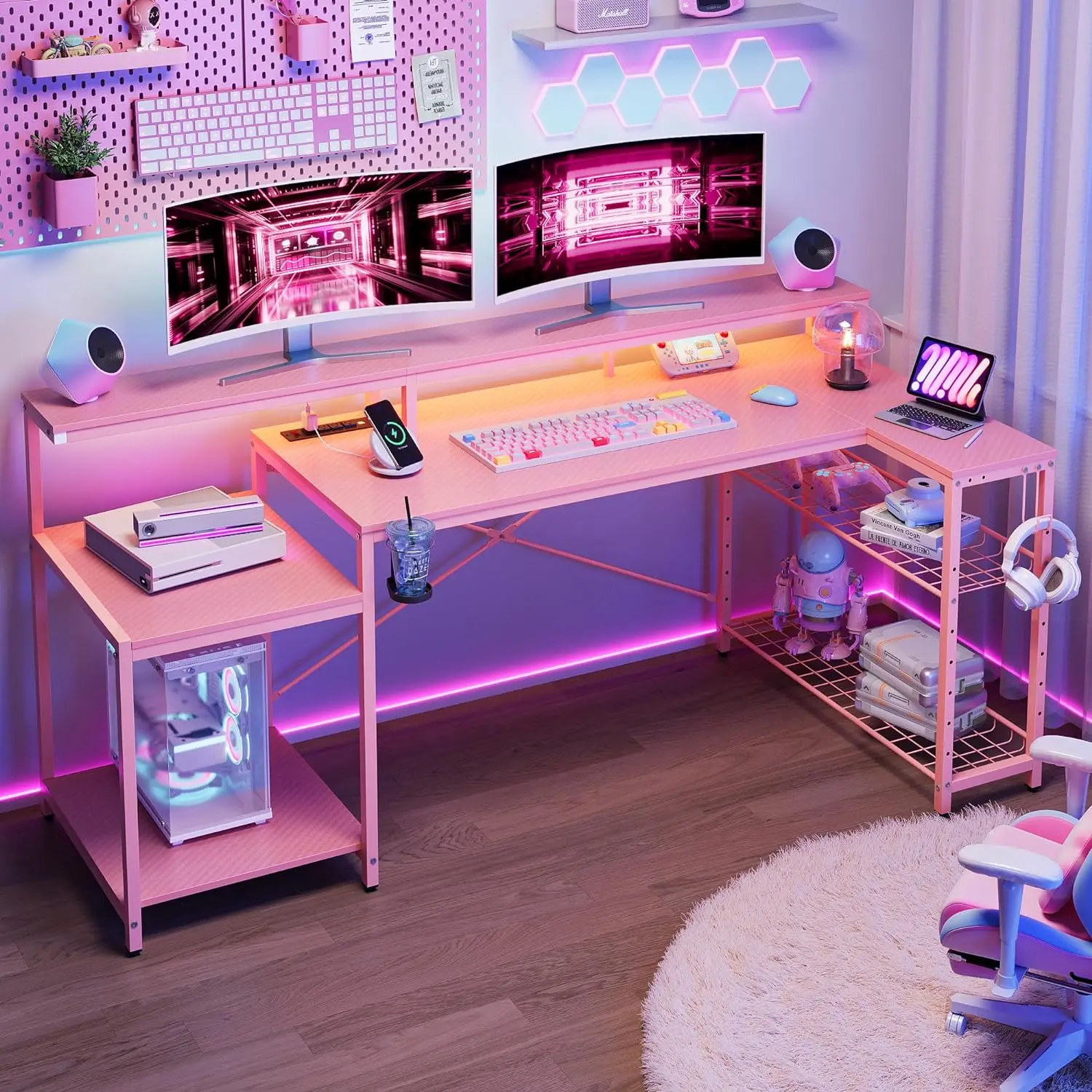 

Bestier 71.5 inch Gaming Desk with Power Outlet, Large LED Computer Desk with Monitor Stand, L Shaped Desk with Storage Shelf,