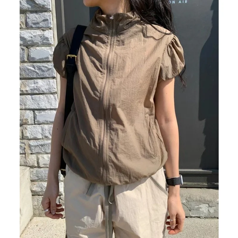 

Solid Thin Chic Jackets Slim Stand Neck Coat Sun Protection Summer Vintage Casual Zipper Y2k Aesthetic Cargo Short Sleeve Coats