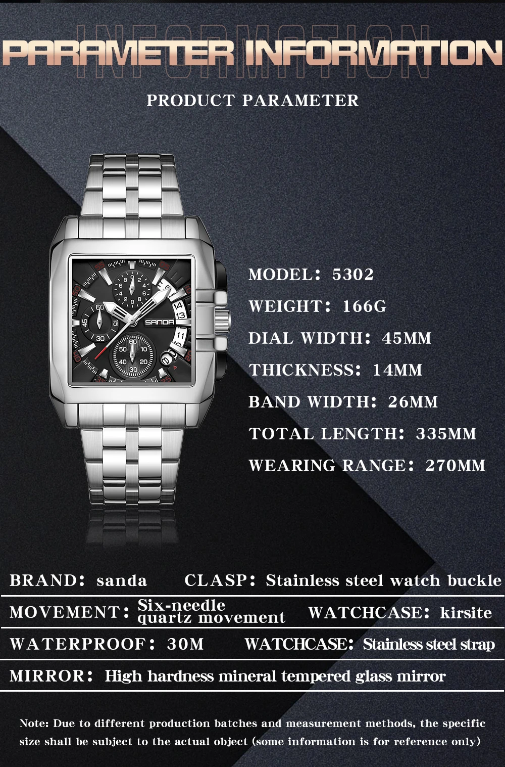 SANDA New Quartz Men's Watch with Three Eyes and Six Needles Fashion Trend Band Calendar Men's Steel Band Square Wristwatch 5302