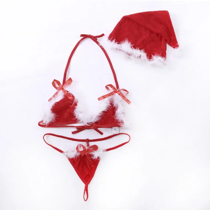 Women Lingerie Sexy Santa Lingerie Lady Christmas Red Velvet Fluffy Bikini Sets Bra G-String Thong Hat 3Pcs Bandage Exotic Set with Feather