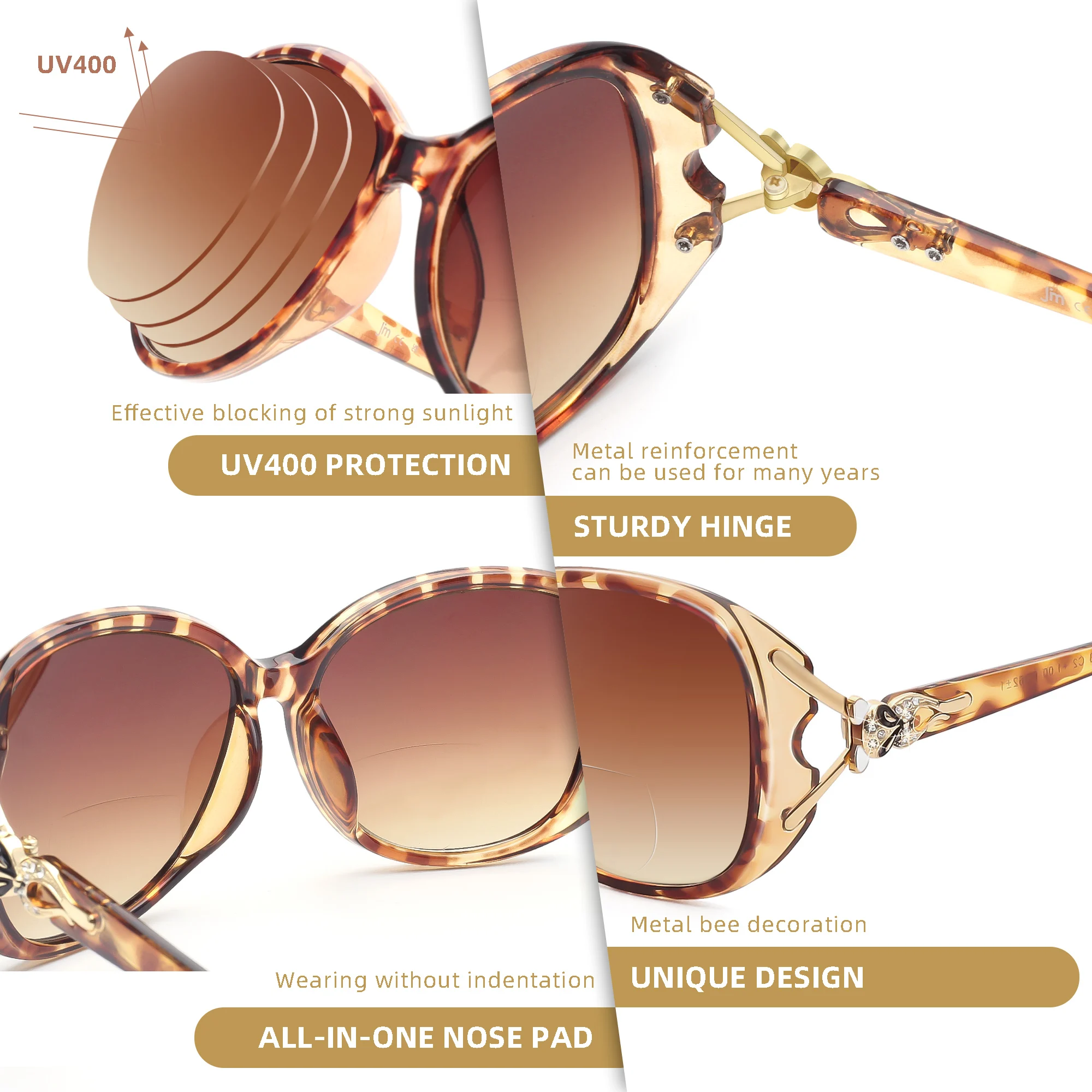 JM Large Round Bifocal Reading Sunglasses for Women Vintage Oversized Lady Reading Glasses UV400 4