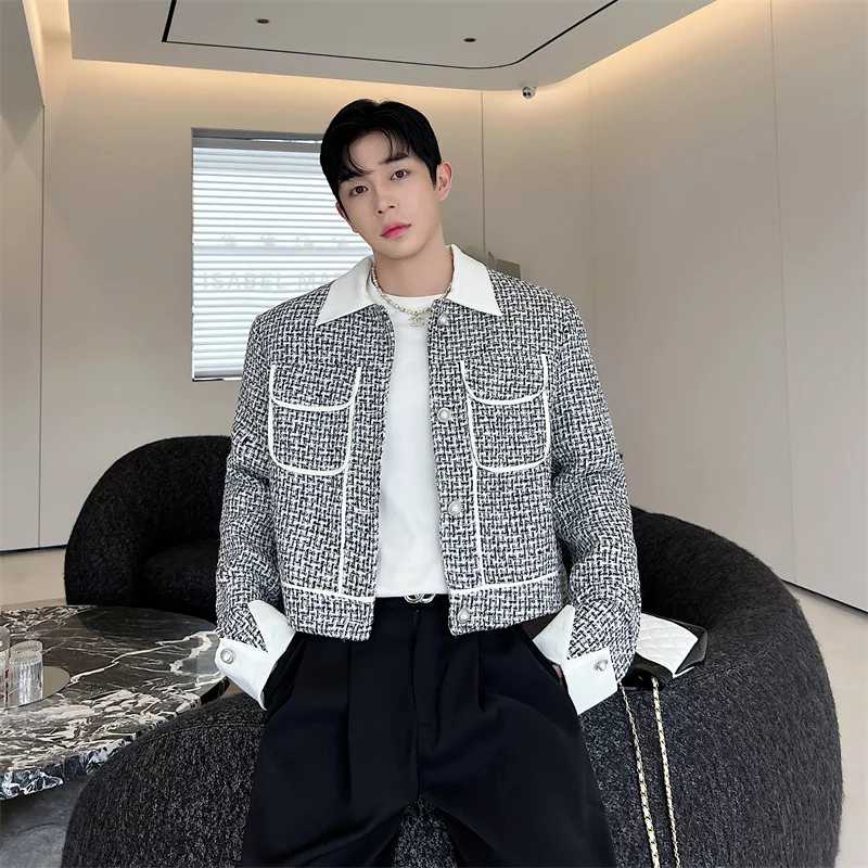 Faionable Knitted ort Jaet Autumn Men's Sle Turn-down Collar Casual Small Fraance Wind Coat Youth  Stand Fit