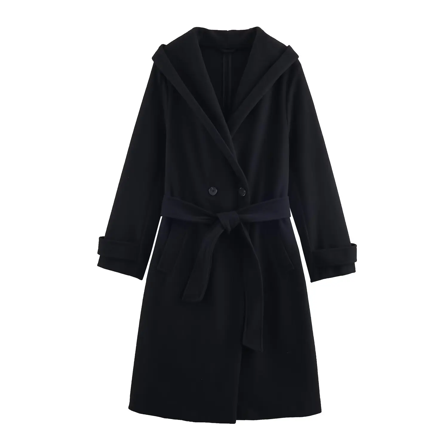 Women's Soft With Belt Woolen Overcoat Female Slim Fit With Hoodie Long Coat Elegant Commuting Bathrobe Style Coat Streetwear