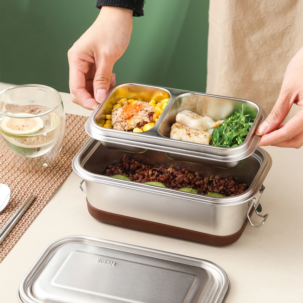 

Stainless Steel Lunch Box with Silicone Bottom with Snack Pods Leak proof Crack-Resistant Lunch box Containers for Adults Kids