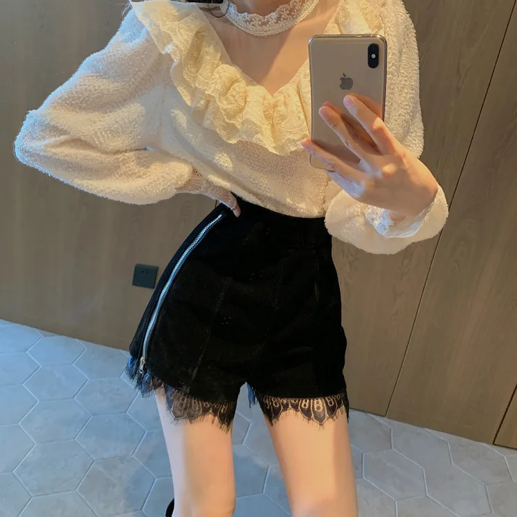 Women's High Waist Straight Shorts Adjustable Slim Boots Sexy Shorts  Fashion Lace Stitching Gold Velvet Shorts Women's Clothing