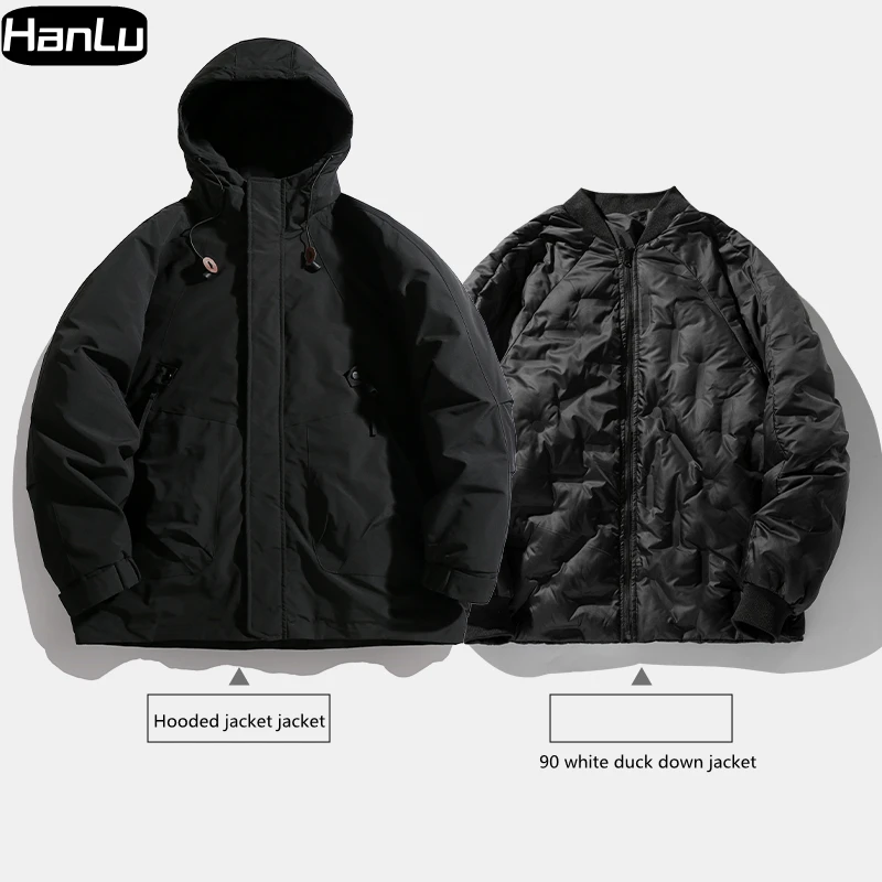 Men's Winter New Thickened Outdoor Three in One Charge Coat Men's Detachable 90 Down Coat Inner Tank Hooded Jacket Coat