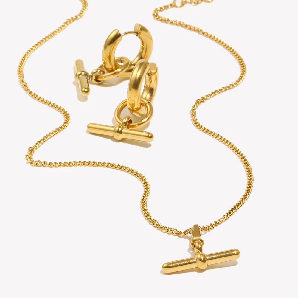 E.B.belle Stainless Steel 18K Gold Plated Minimalist Design T Bar Pendant Necklace For Woman Girl's Ladies Gold Jewelry 1