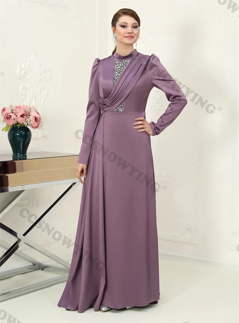 

Fashion A Line Sparkly Sequin Satin High Neck Long Sleeve Prom Dress Formal Occasion Dresses Arabic Dubai Kaftan