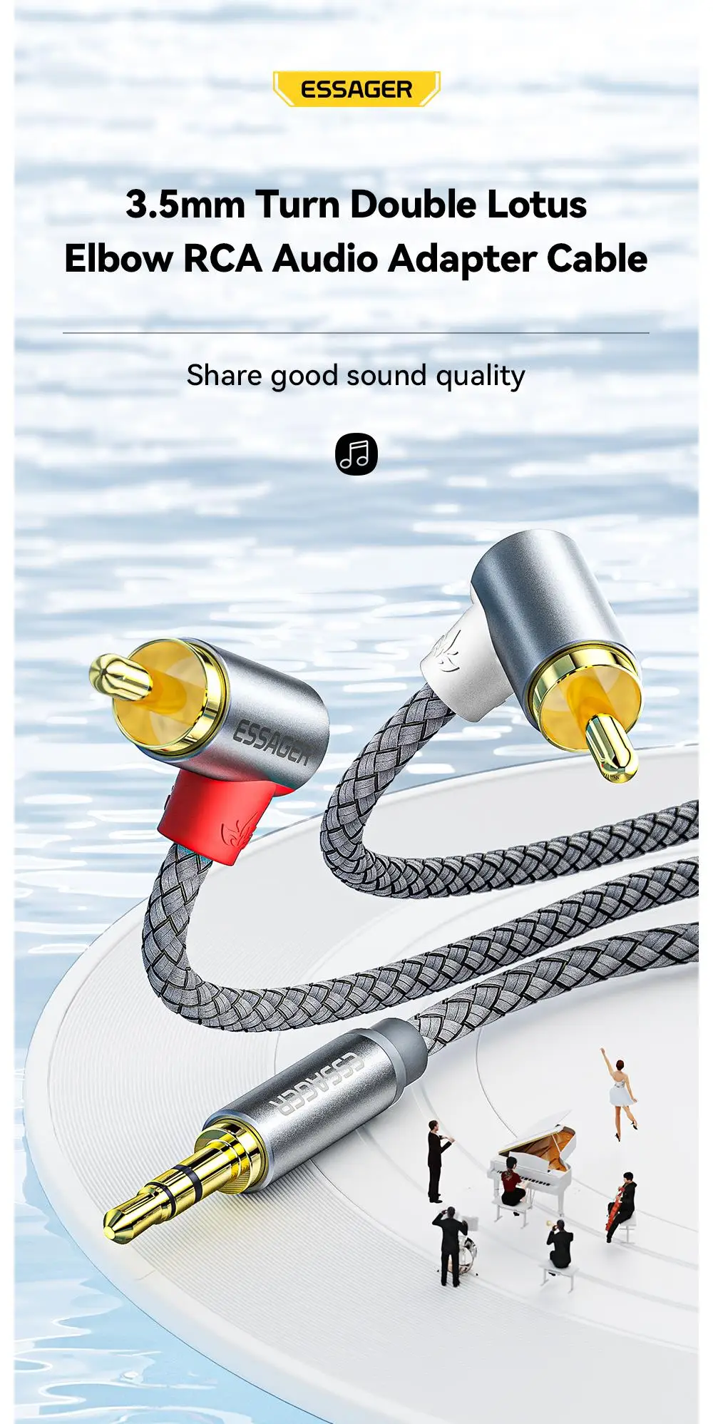 90° RCA Cable Jack 3.5 to RCA Audio Cable 3.5mm Jack to 2RCA Male Splitter Aux C