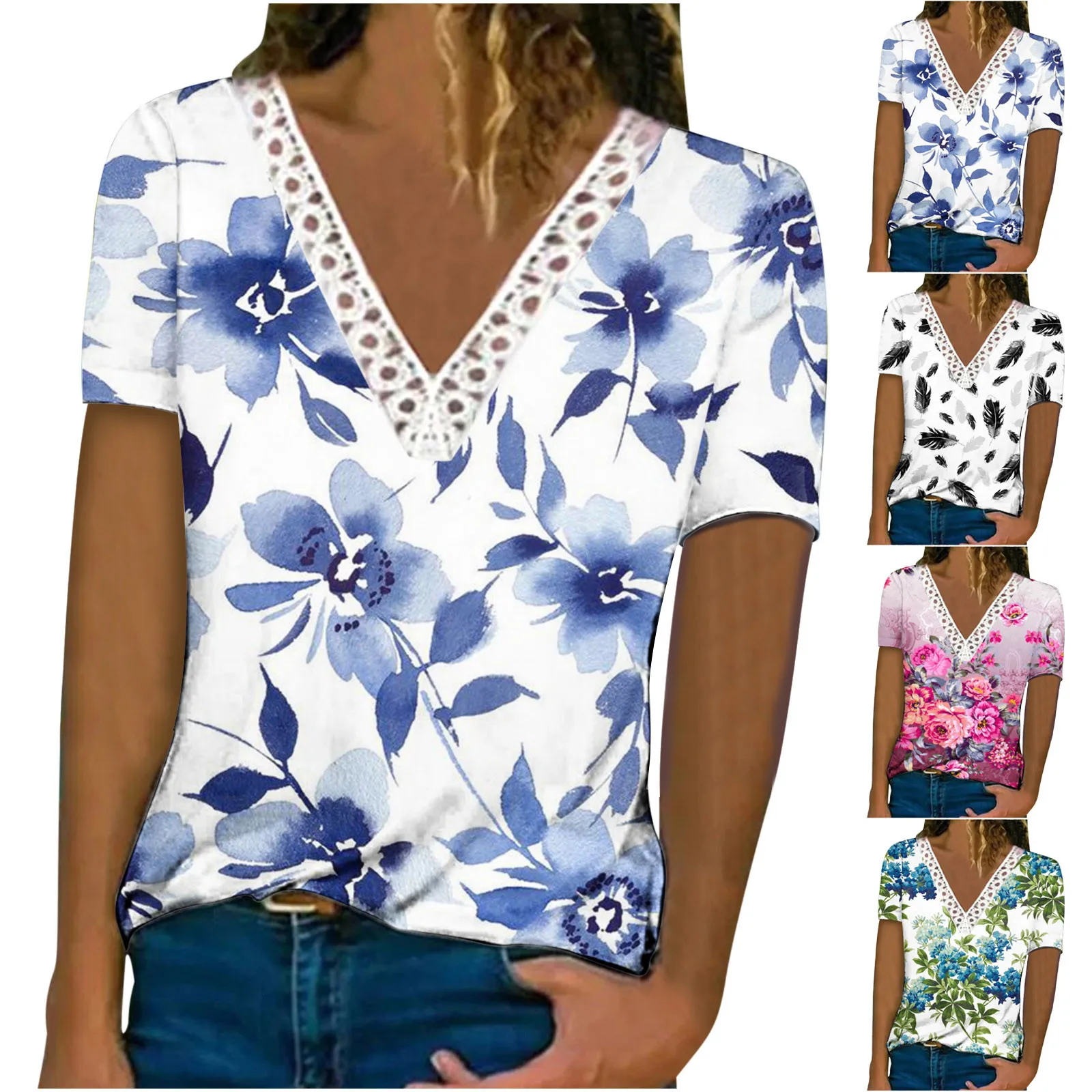 

Trashier Shirts Women Summer Casual V Neck Lace Flower Print Short Running Shirt Women Cold Weather Cotton Sleeping Shirts Women