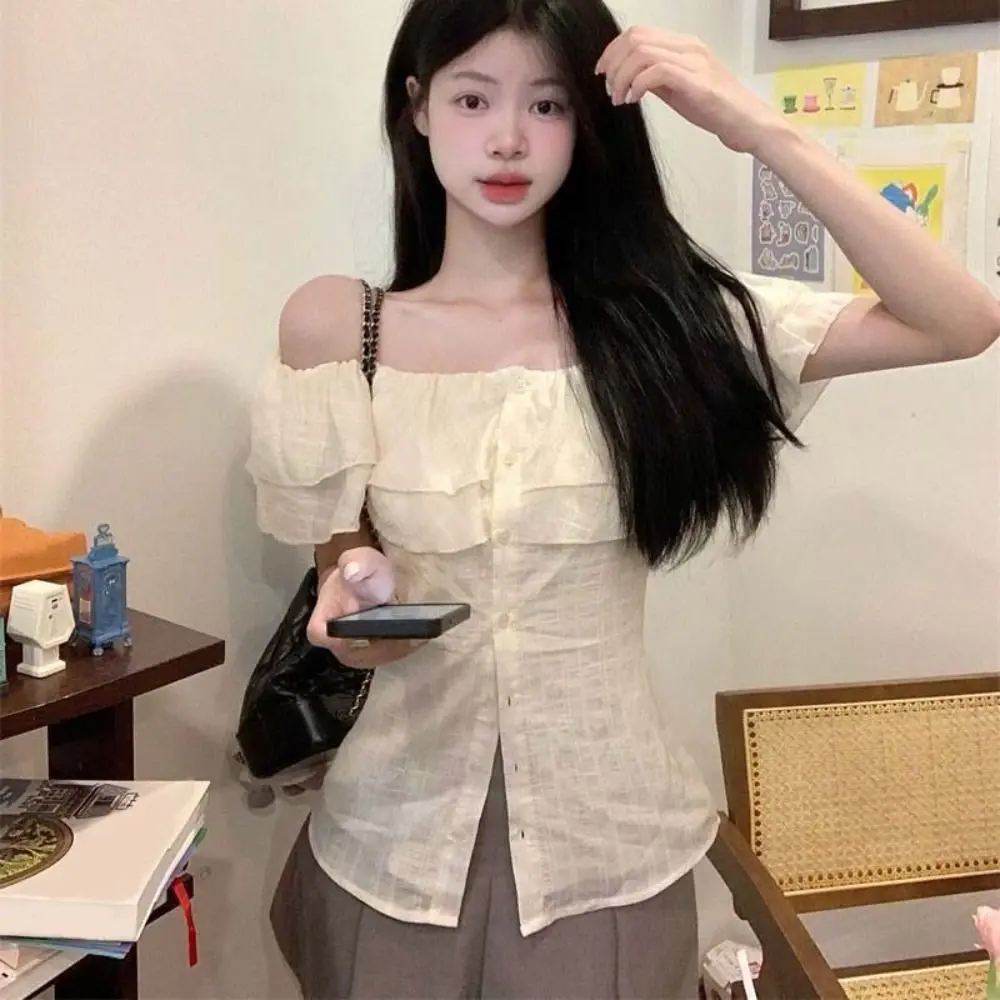 Fashion Boat Neck Off Shoulder Tops Ruffle Thin Beige Short T-shirts Ins Style Shirt Y2K Short Sleeves Tops Clue