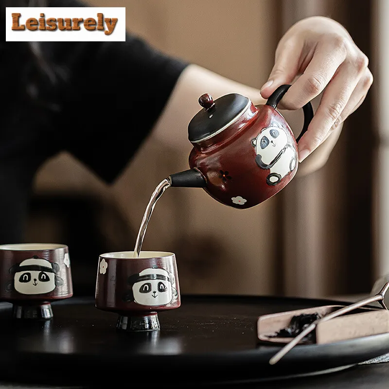 Japanese Powder Yin Hawthorn Red Teapot Hand Painted Panda Pot Ball Hole Infuser Kettle 1 Pot 2 Cups Porable Bag Kung Fu Teaset