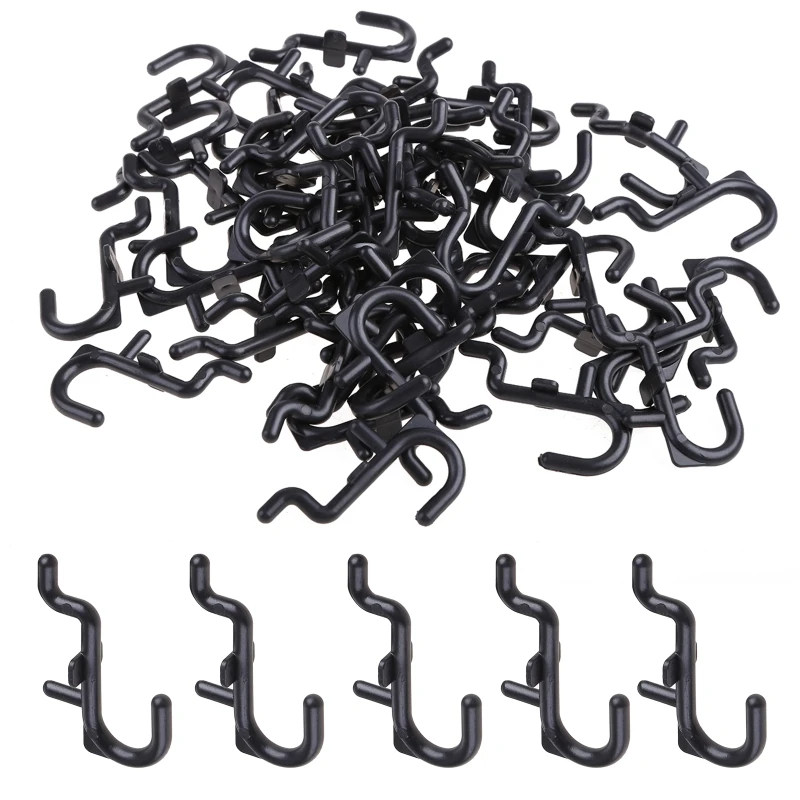 50 Pcs/100 Pcs Black Pegboard J Style Hooks Heavy Duty Plastic J Shape Peg Hook Tool Organizer