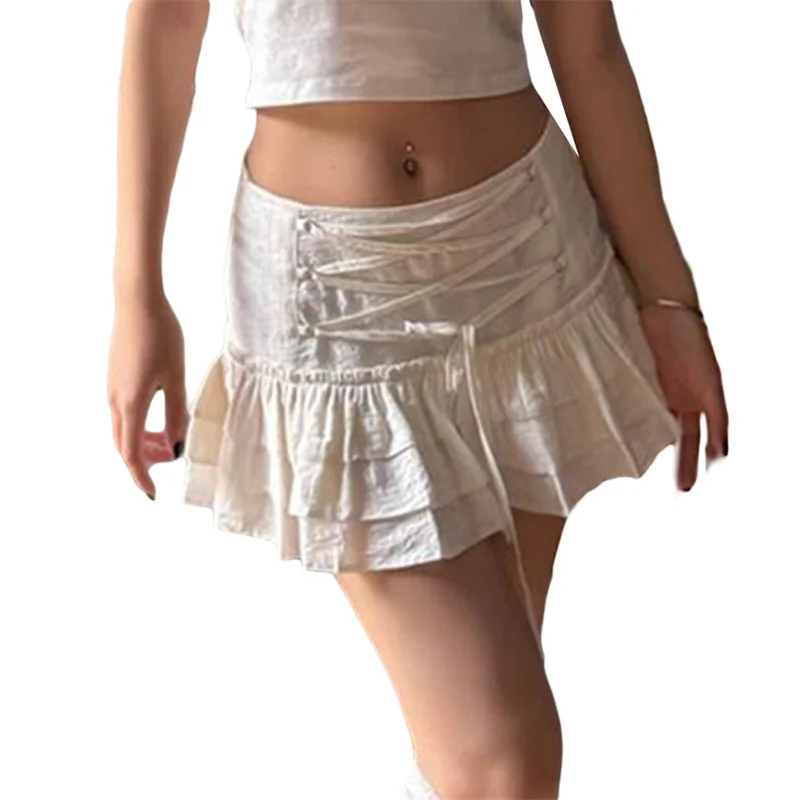 y2k Lolita Skirt 2000s Women Solid Color Cross Tie Up Low Waist A Line Pleated Mini Skirt Fairycore Skirts Streetwear