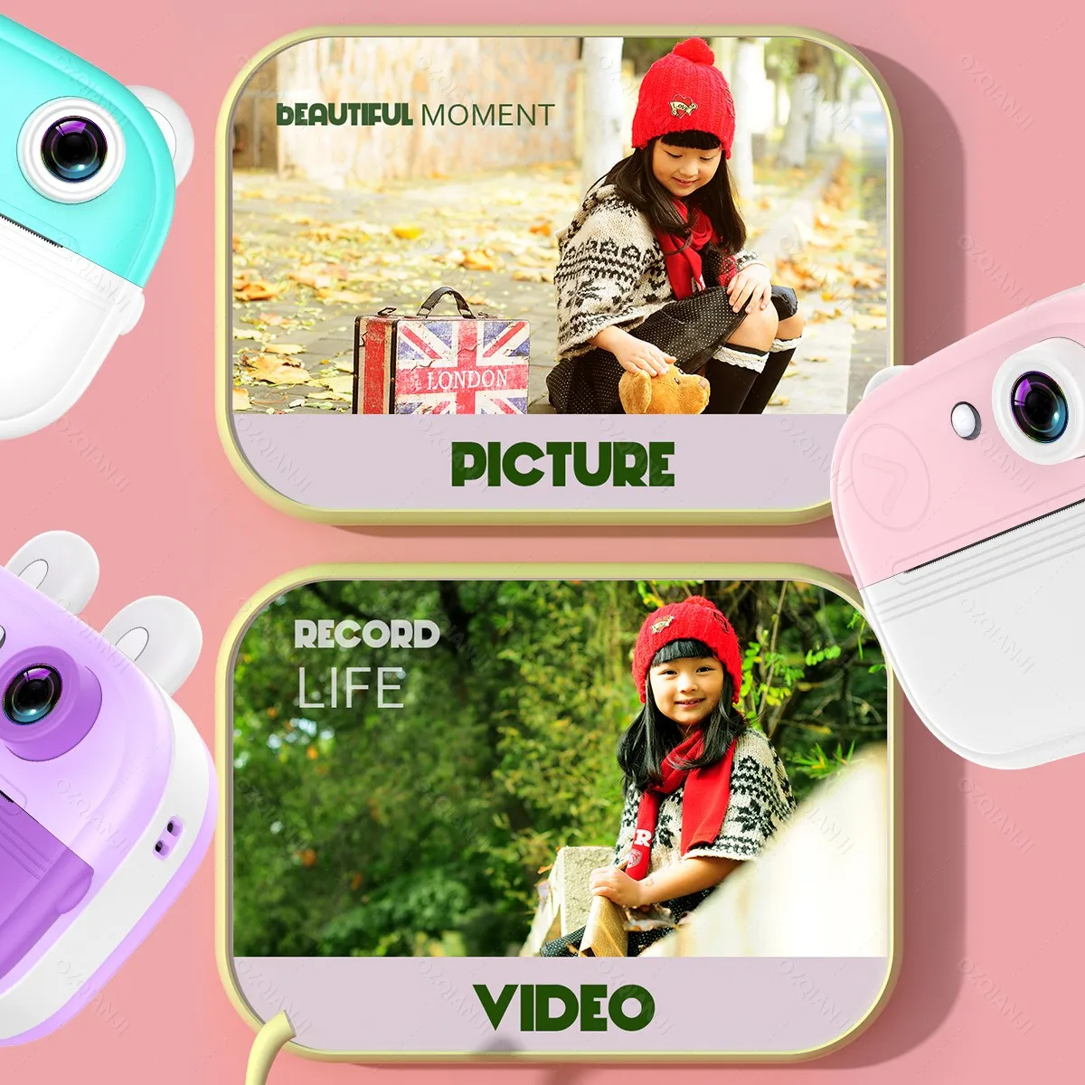 Thermal Printer Kids Children's Digital Camera Instant 57x25mm Photo Printer With 32G-SD Lanyard,Pen-Color Support Video Record