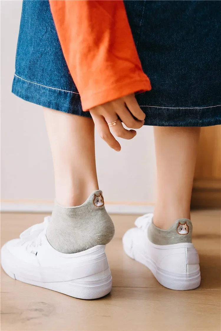 Description Picture 6 of itemWomen Socks Cute Kawaii Cat Embroidery Cotton Soild Color Slippers Summer Low Cut Ankle Funny Cartoon Casual Animal Female Sox
