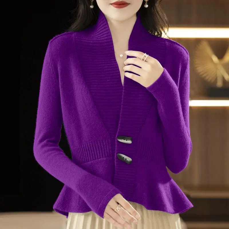 Elegant V-Neck Button Spliced Ruffles Shirts Women's Clothing 2023 Autumn Winter Loose Knitted Korean Tops Office Lady Blouses