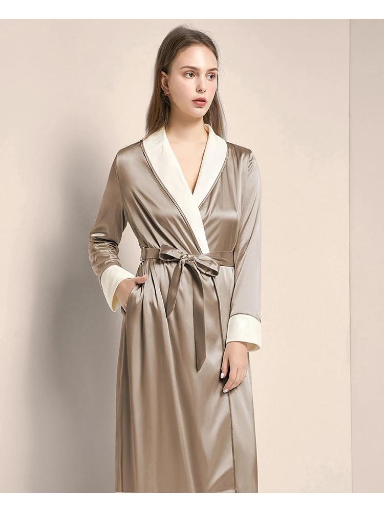 Dress Women's Double-Layer Silk Pajamas Autumn and Winter Fleece Lined Padded Warm Keeping Cashmere Long Solid Color Home Wear