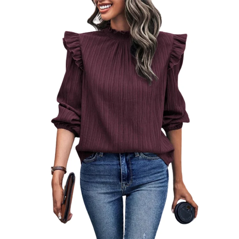 Fashion Ruffle Trim Stand-up Neck Pullover Shirt Female Autumn Solid Color Lantern Sleeve Loose Blouse Women's Wave Stripes Tops
