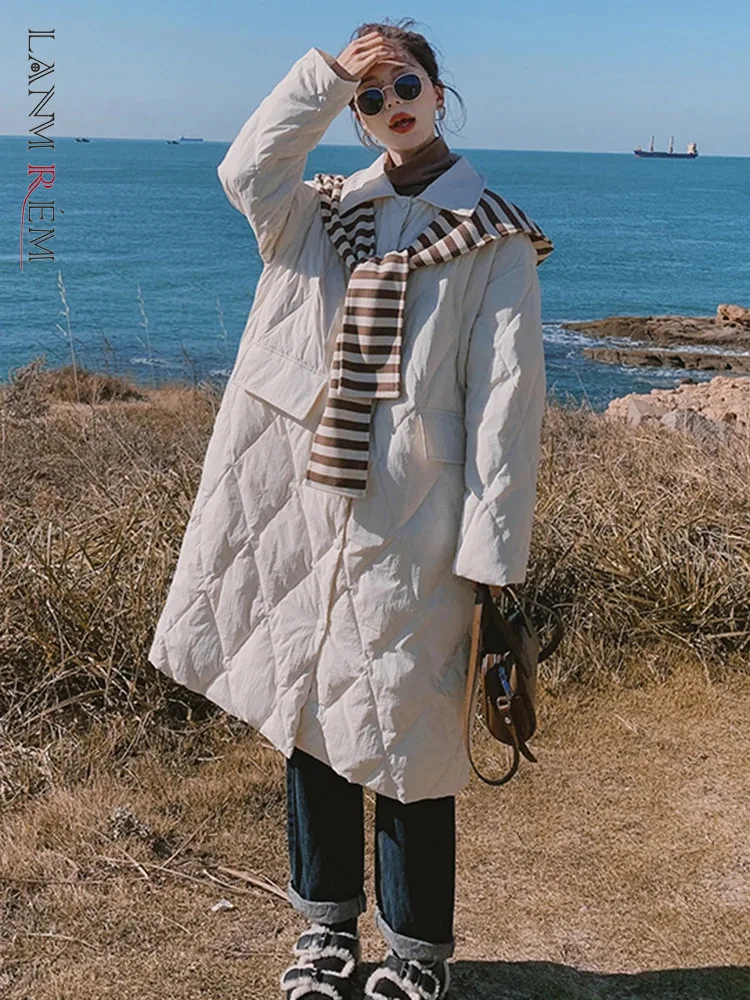 

LANMREM Korean Style Mid Length Down Coat Women Striped Patchwork Design Lapel Clothing Fashion Female 2023 Winter New 2AA3784