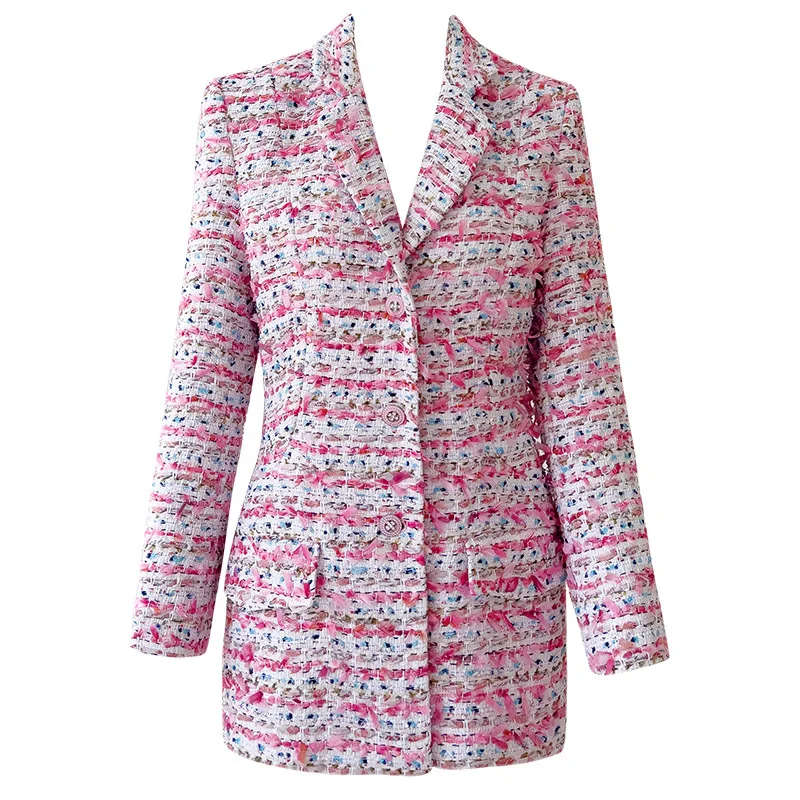 Fashion Pink Long Sleeve Lapel Women's Coat 2023 Autumn Winter French Style Tweed Single-Breasted Stitching Slimmimg Overcoat