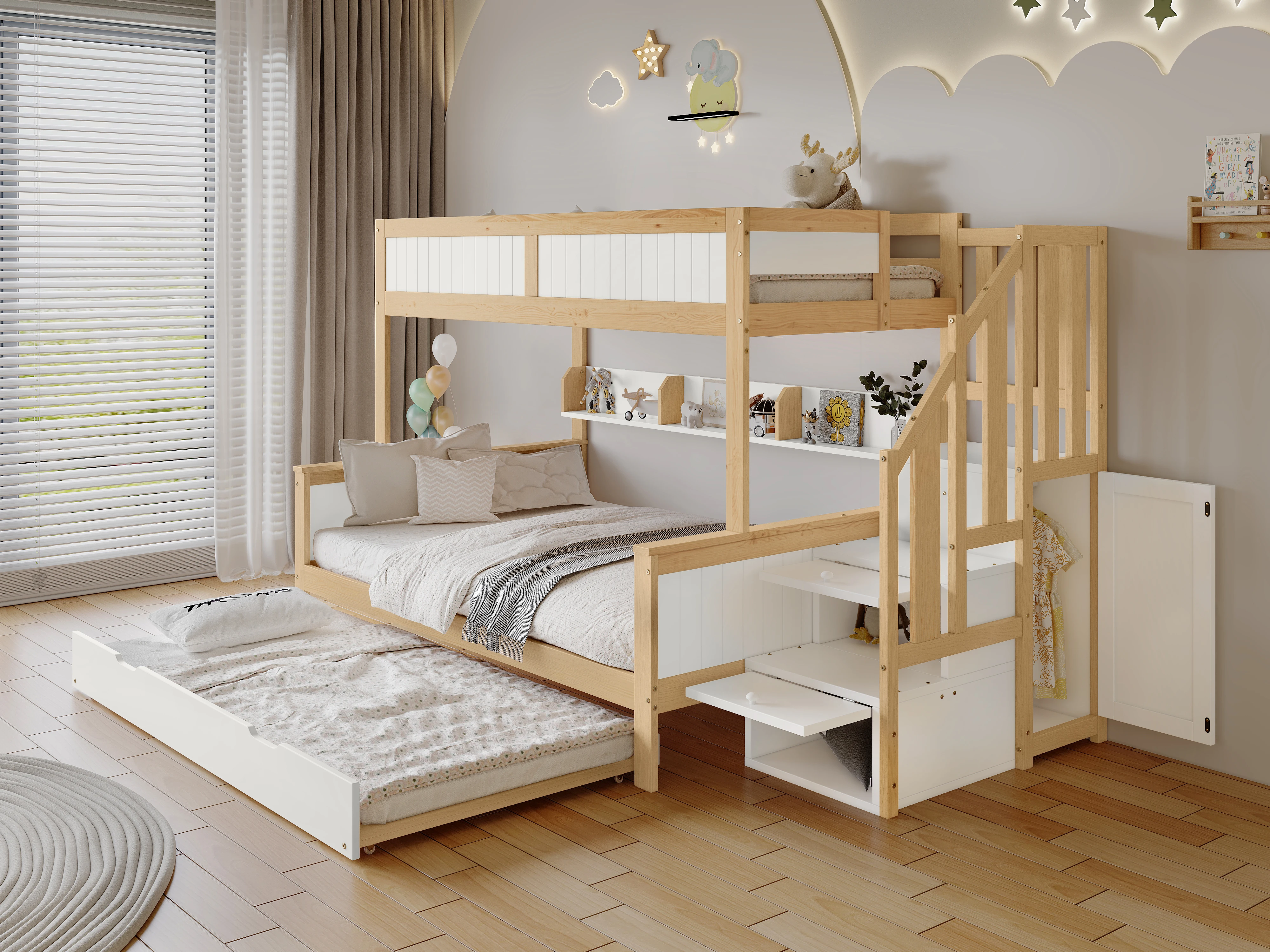 Etagenbett, Babybett, mit Fallschirm, mit Ausziehbett, Kleiderschrank, Ecktreppe, Kiefer+MDF, 90x200&90x190&120*200cm – Detail 1
