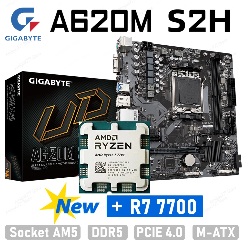 

Ryzen 7 7700 Socket AM5 CPU + GIGABYTE A620M S2H DDR5 Motherboard Support D5 6400 MHz+OC Mac-128G M.2 PCIE 4.0 Intel A620 New