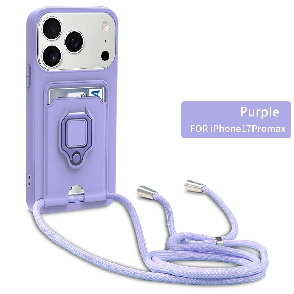 Crossbody Lanyard Silicone Ring Holder with Card Wallet and Slide Camera Cover