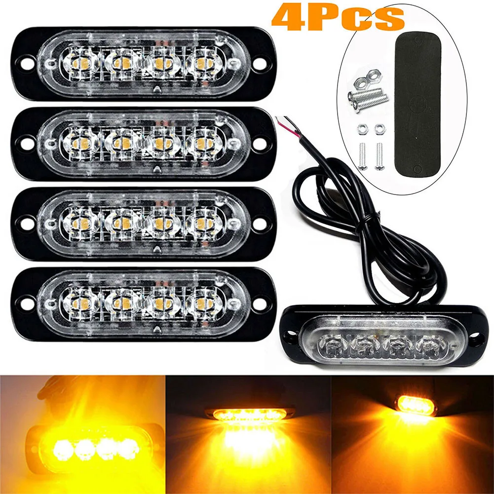 4PCS 4 LED Amber Grille Light Lightbar Truck Van Off-Road Car Urgent Light 12-24V 12W 3000K Car Urgent Light Auto Accessories aisilan led embedded ceiling spotlight square downlight grille honeycomb anti glare recessed light for indoor living room aisle