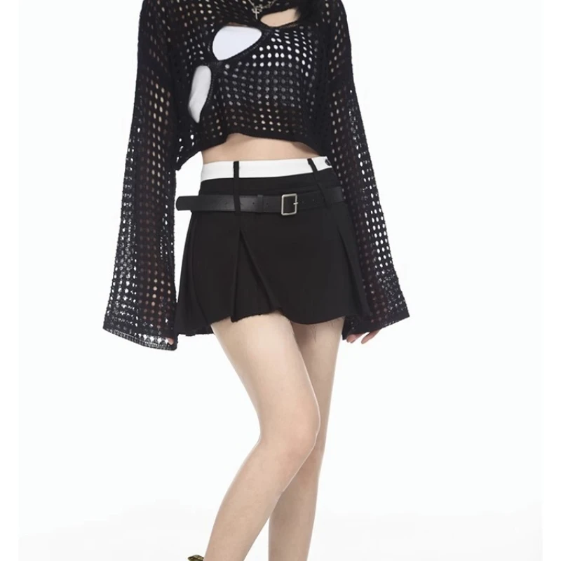 Deeptown Pleated Preppy Style Short Skirt Women Y2k Kawaii Slim Up Mini Skirts Summer Patchwork Suits Casual All-match Skirt