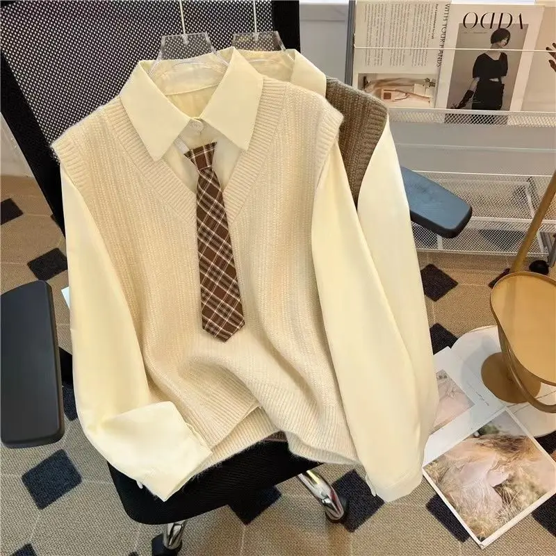 

EBAIHUI Korean Women's Clothes Preppy Style Shirt Vest Ladies Set Solid Color Loose Long Sleeved Versatile Vest Set of Two