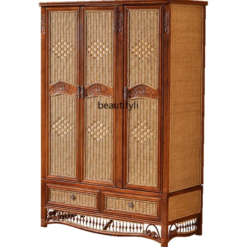 

Rattan Rattan Wardrobe Solid Wood 4-Door Wardrobe Sliding Door Distressed Wooden Wardrobe storage cabinet