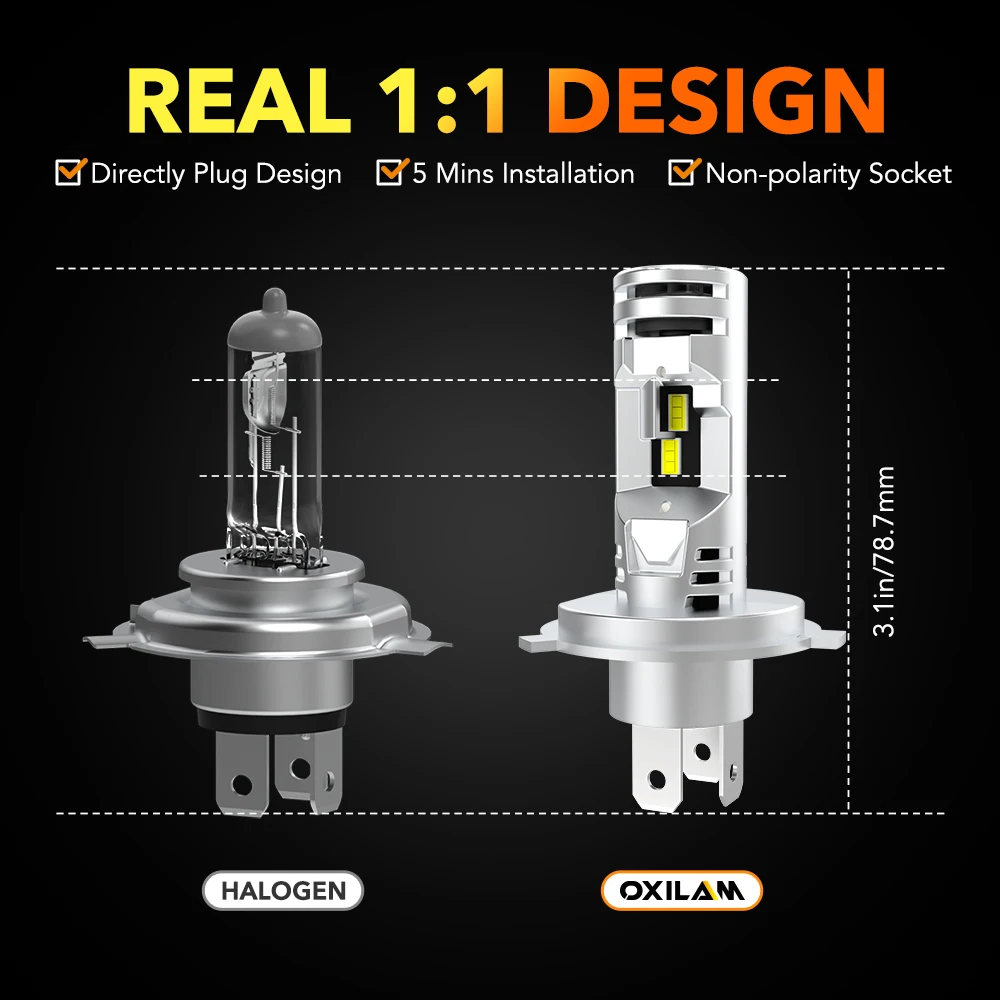 OXILAM 2X 터보 LED 조명, 자동차 헤드라이트, Canbus H4 HB2 9003 LED 전구, 60W 고출력 12V 6500K 승인 헤드램프