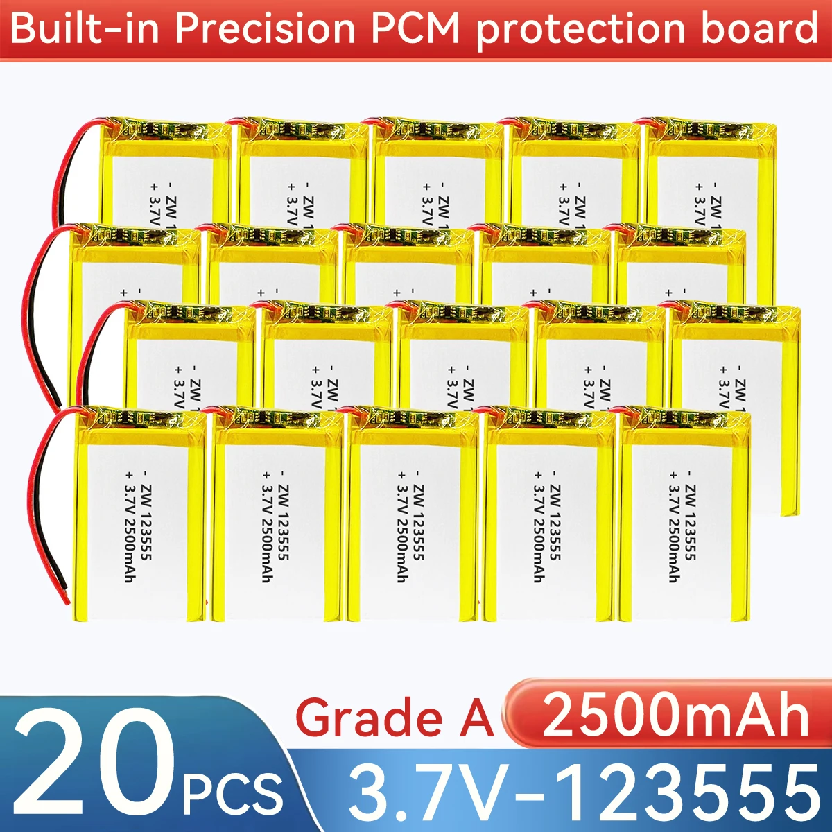 Batteria 3.7V 2500mAh 123555, Batterie Ricaricabili agli Ioni di Litio Polimeriche, Batteria al Litio Integrata, Sostituzione per 124060 104060