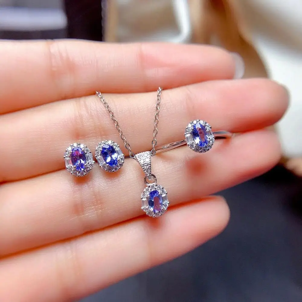 

Natural Tanzanite Set Jewelry Gemstone Ring Earring Pendant Necklace Exquisite Wedding Jewelry Set for Women