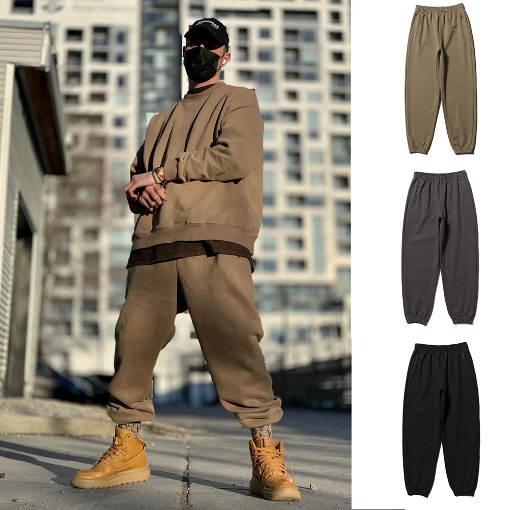 Sport Jogging Trousers Fleece Sweatpants Mens Cotton Sport Pants Kanye Hip Hop West Trousers Joggers Thick Style Khaki Loose Streetwear Running Training Black Sweatpants