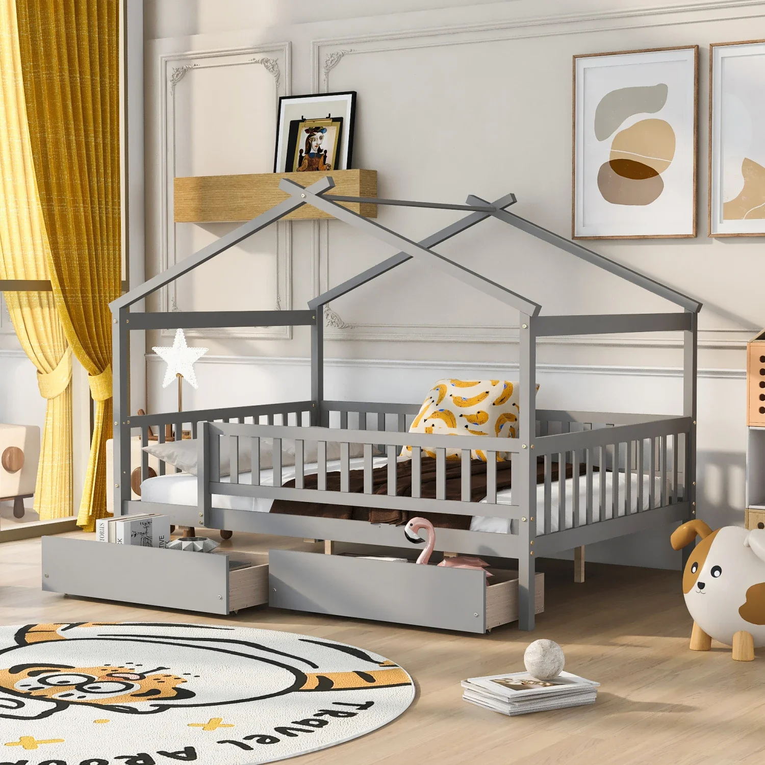 

Gray Full Size Wooden House Bed with Two Spacious Drawers for Storage and Organization, Modern and Stylish Bedroom Furniture, So