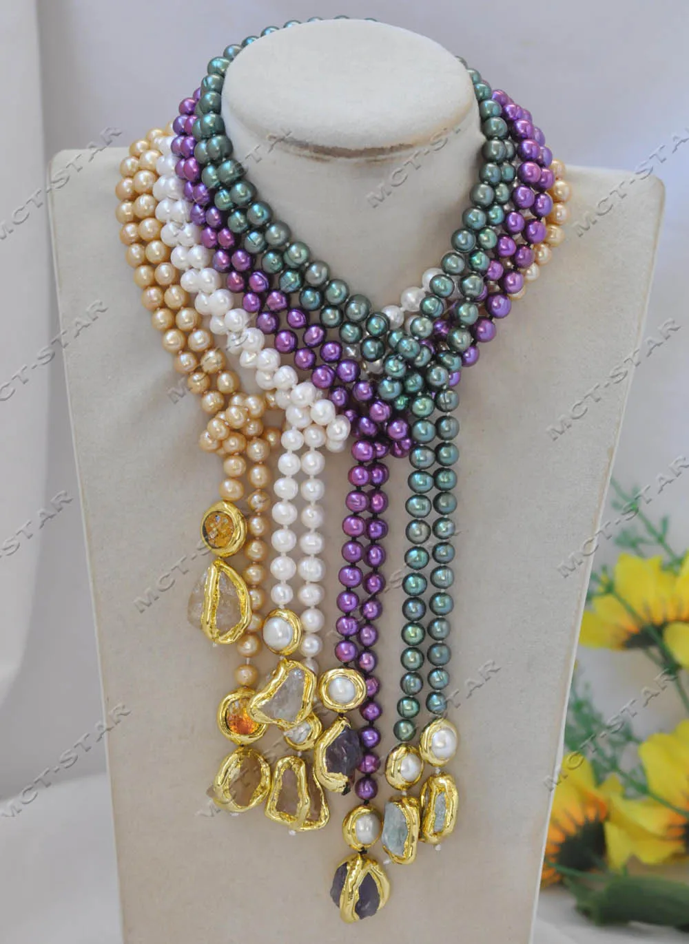 

Z13067 35'' 18mm Round Freshwater Pearl Necklace Gold plated Multicolor Crystal Pendant