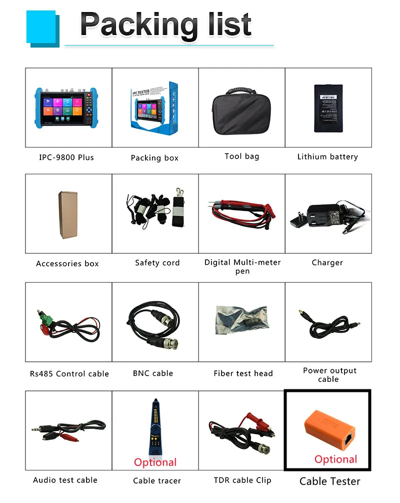 CCTV Camera Tester IPC-9800MOVTADHS Pro IPC Tester Support 8K IPC Camera And VGA 8MP AHD CVI TVI Test Wifi PTZ Cable Tester HDMI PoE CCTV