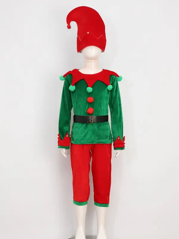 Boys Girls Santa Helper Christmas Costume Elf Role Play Fancy Dress Up Set Elf Ears Belt Stockings and Shoes Covers Outfits - Image 4