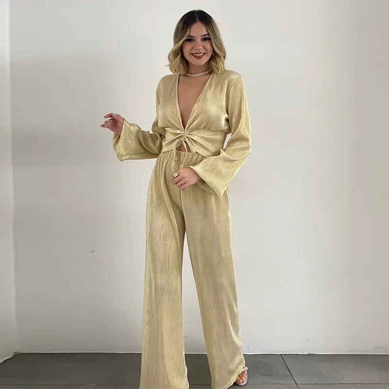 New 2 Pieces Set Sexy V Neck Puff Sleeve Lace Up Cropped Top Wide Leg Pants Suit Solid Color Pant Sets  Women 2 Piece Set Outfit