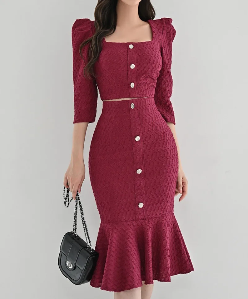 

Женский комплект из двух предметов, элегантный красный топ и юбка-годе в Корейском стиле, модельные вечерние костюмы с юбкой-фонариком, лето