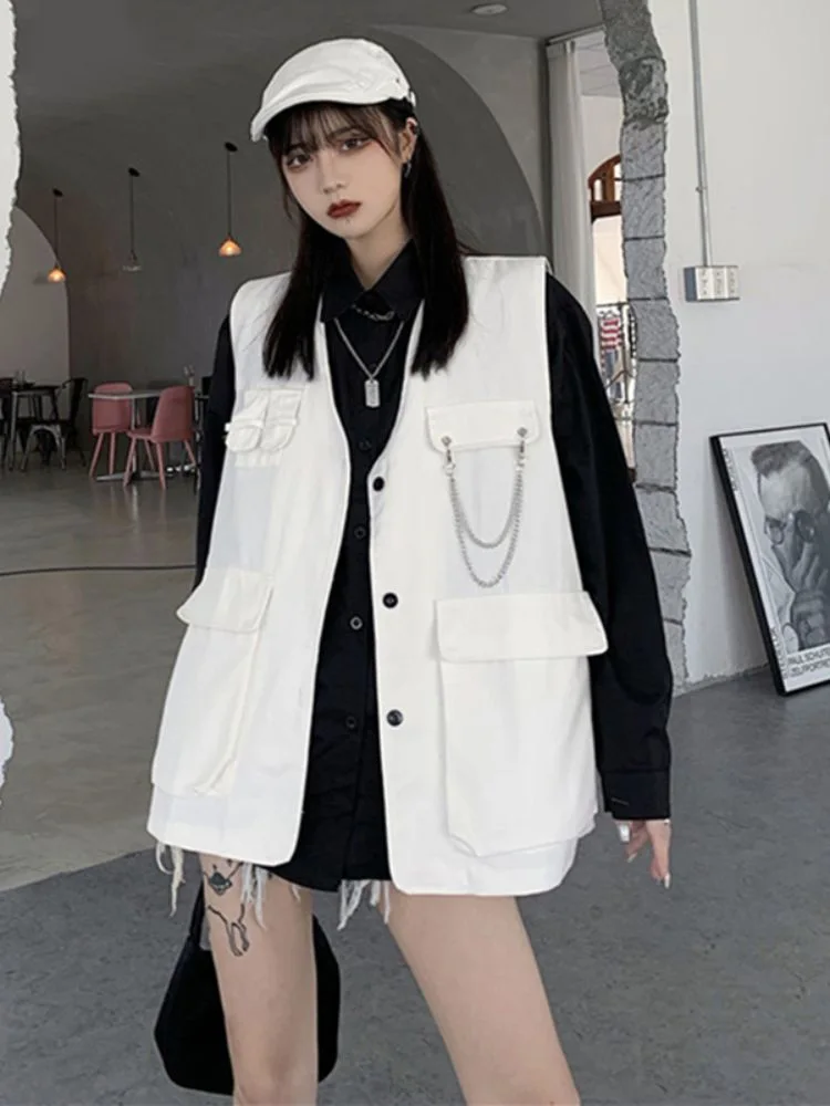 

Streetwear Casual Single Breasted Tank Tops Women Y2k Aesthetic Solid Harajuku Sleeveless Tanks All Match Fashion Chain Jackets