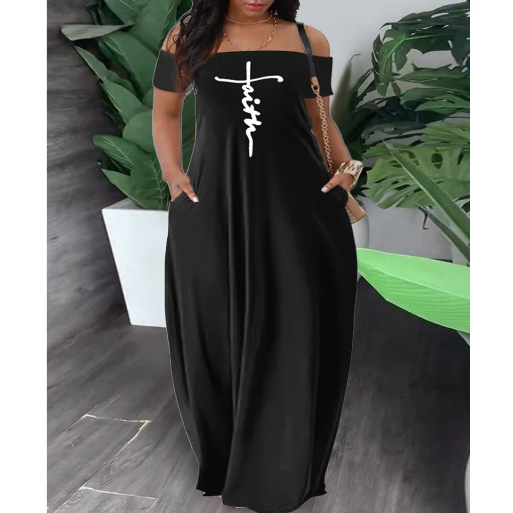 

Wepbel Short Sleeve Faith Print Maxi Dress Slash Collar Off-Shoulder Printed Casual Dress Women Sumemr Full Length Long Dress