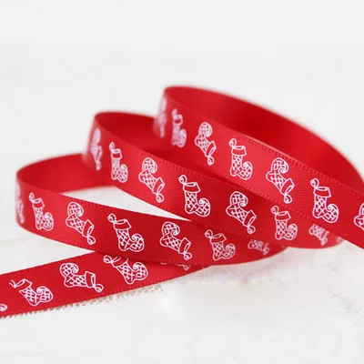 Satin Ribbons 2 Meters 3/8'' (10mm) White Red Green Satin Ribbons Santa Claus Snow Printed Christmas Decoration Wedding Gift Wrapping