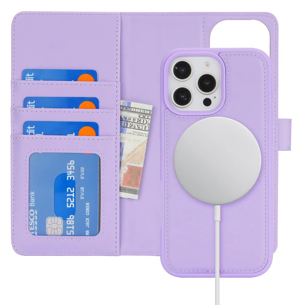 Luxury 2-in-1 Detachable MagSafe Wallet Case with Wireless Charging and Magnetic Flip Cover