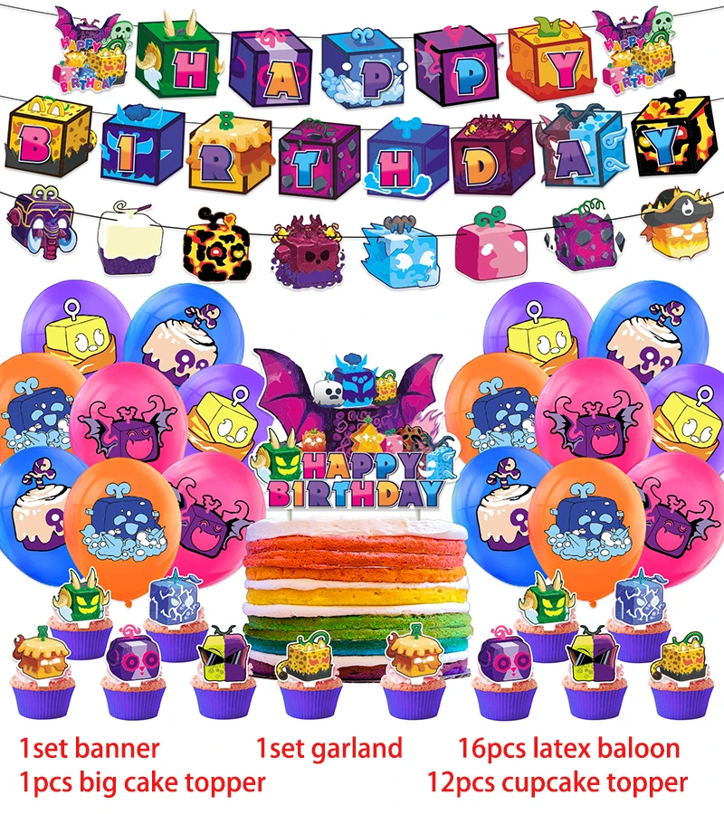 Description Picture 6 of itemBlox Fruits Birthday Party Decoration Balloon Banner Backdrop Cake Topper Blox Fruits Party Supplies Baby Shower