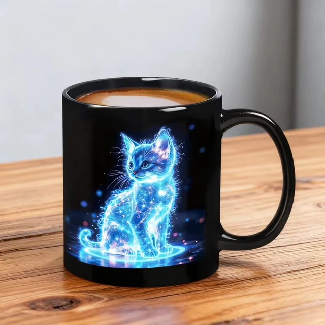 Tasse à café magique thermosensible en céramique, motif chat néon, changeant de couleur, réactive à la chaleur, cadeau pour les amoureux des chats 1