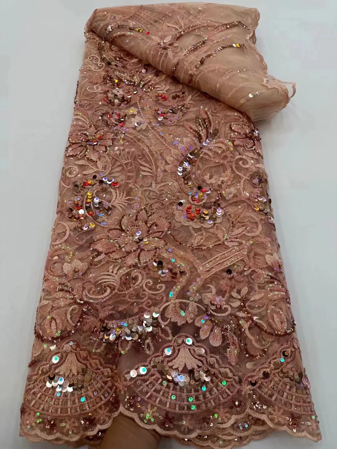 

2023 High Quality Nigerian New Lace Fabric Sequin Tulle Beaded Tube Embroidered Fabric For Wedding Dress 5 Yards/Lot