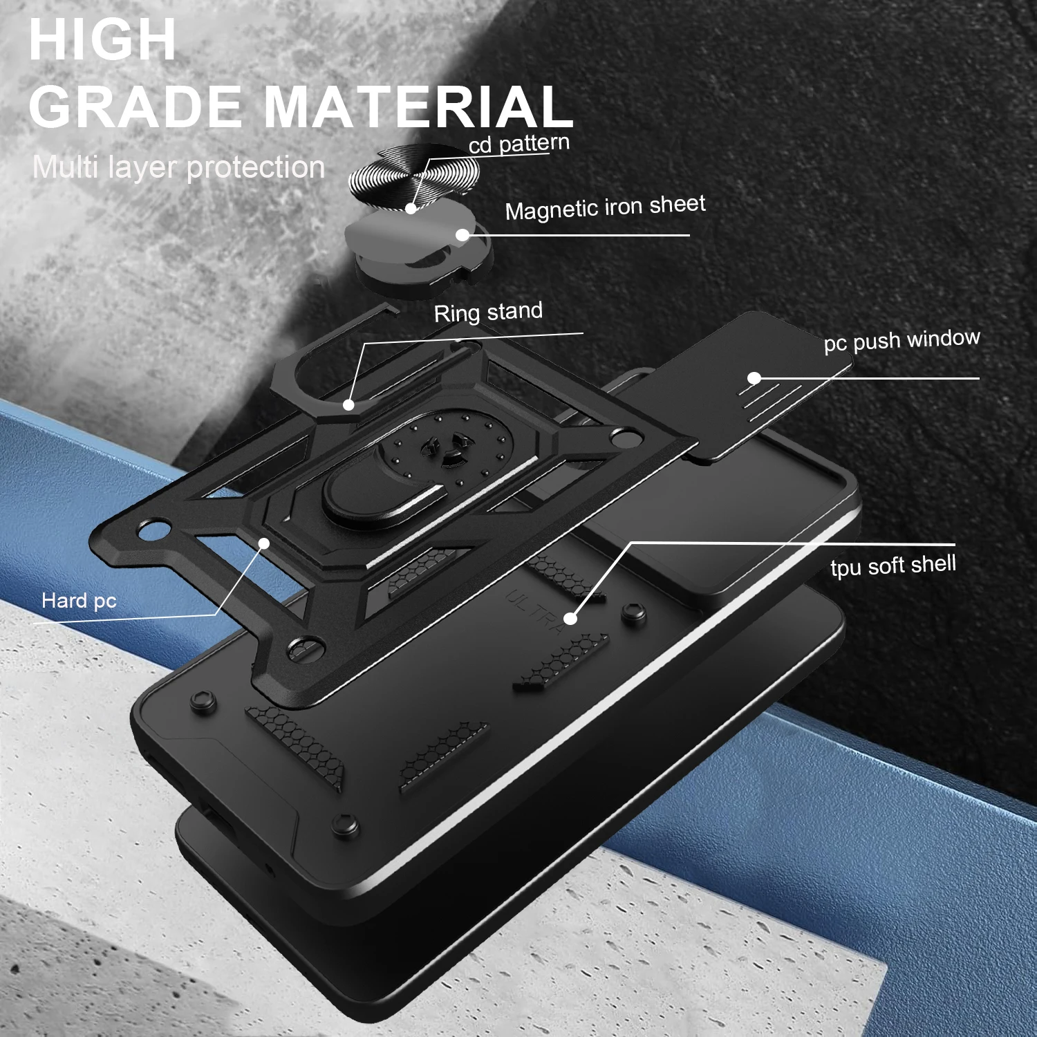 Slide Lens Protect Shockproof Armor Phone Case with Car Magnetic Holder